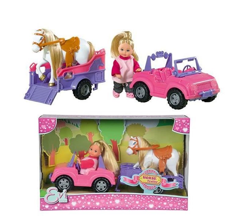 Poupée Avec Poney + Jeep Avec Remorque