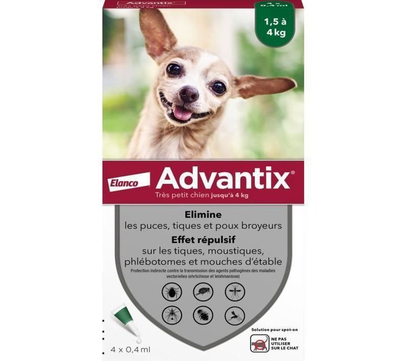Chien Solution Antiparasitaire Puces Tiques Répulsif Mouches Phlébotomes 1,5 à 4kg 4 Pipettes