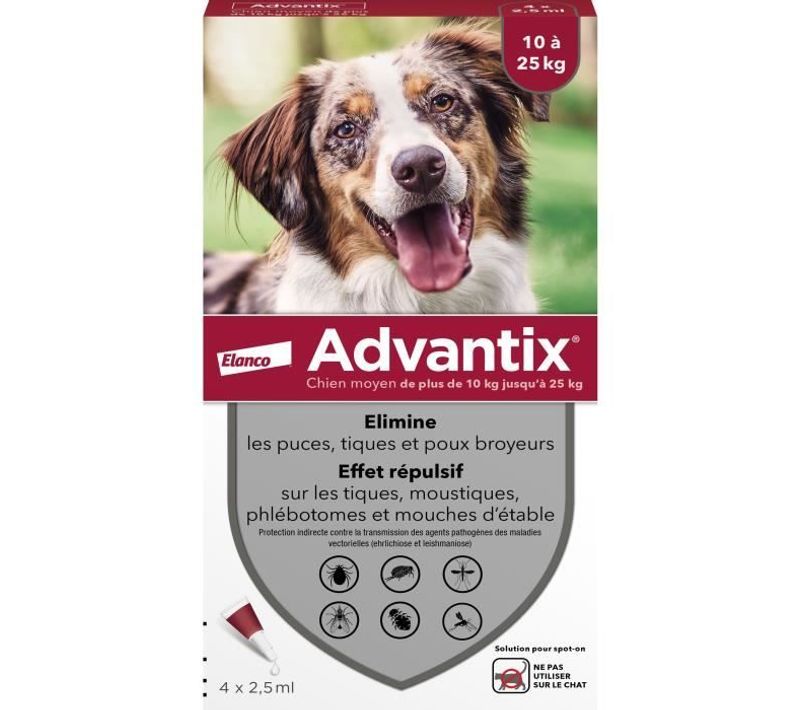 Chien Solution Antiparasitaire Race Moyenne 10 à 25kg 4 Pipettes
