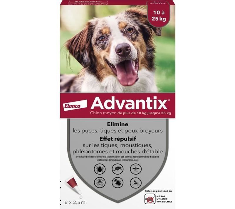Advantix Chien Solution Antiparasitaire Race Moyenne 10 à 25kg 6 Pipettes