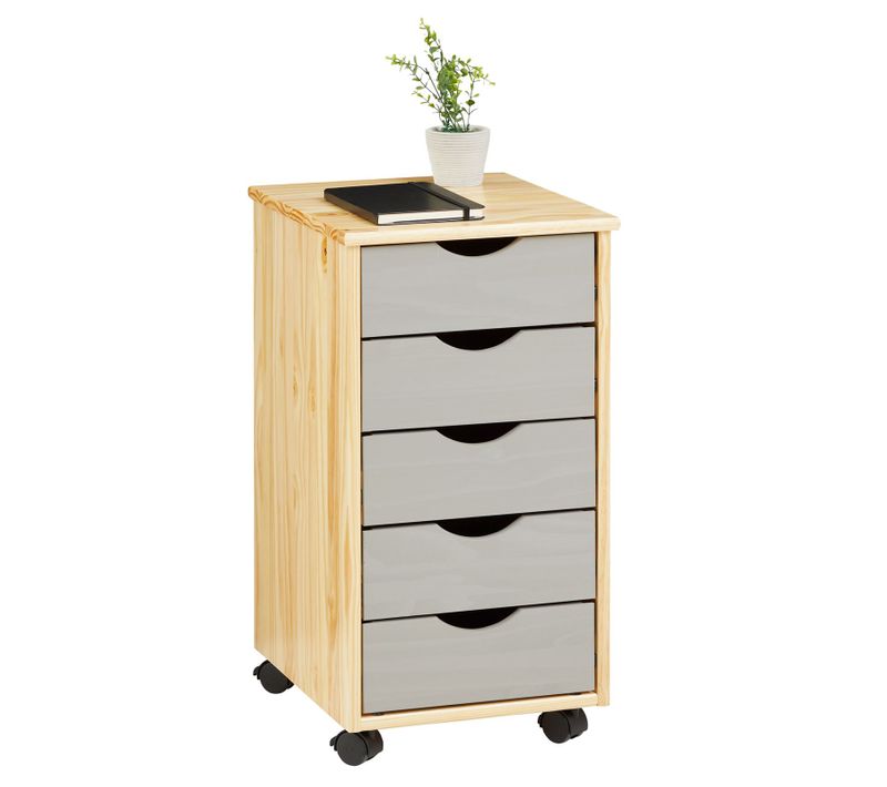 Caisson De Bureau Sur Roulettes Lagos, Avec 5 Tiroirs Finition Vernis Naturel Et Lasuré Gris