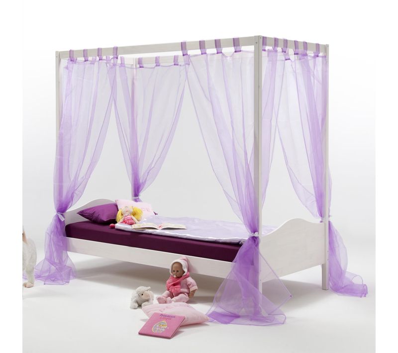 Lit à Baldaquin Nadine, 90 X 200 Cm, En Pin Massif, Lasuré Blanc