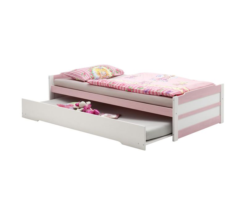 Lit Gigogne Lorena En Pin Massif, 90 X 200 Cm, Lasuré Blanc Et Rose