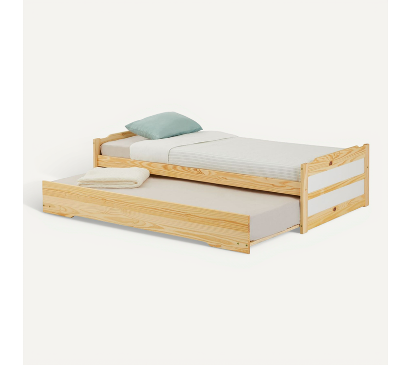 Lit Gigogne Lorena En Pin Massif, 90 X 190 Cm, Vernis Naturel Et Blanc