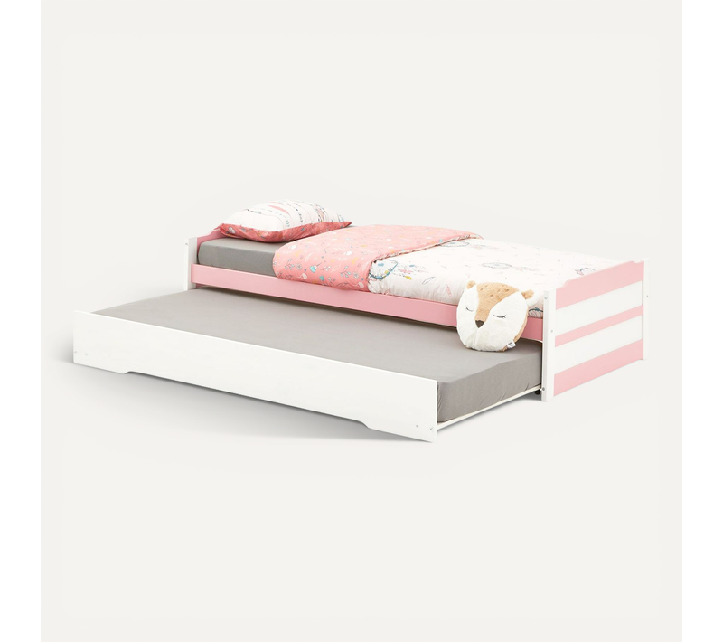 Lit Gigogne Lorena En Pin Massif, 90 X 190 Cm, Lasuré Blanc Et Rose