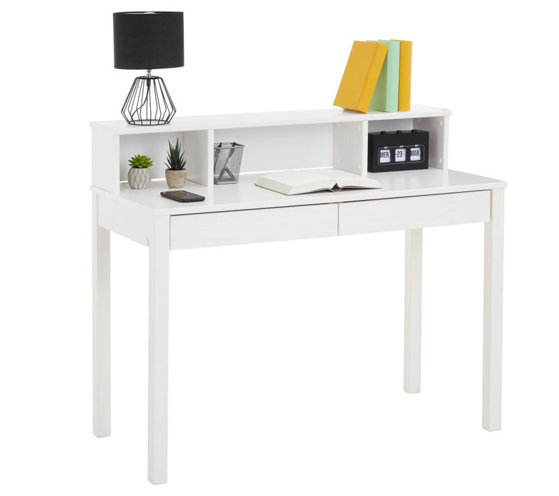 Bureau Lennox, Avec 2 Tiroirs Et 3 Niches, En Pin Massif Lasuré Blanc