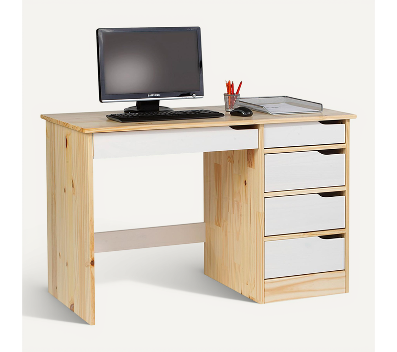 Bureau En Pin Massif Hugo, Naturel Et Lasuré Blanc