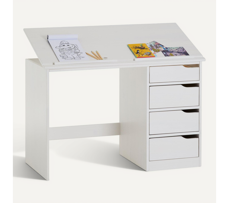 Bureau Enfant Emma, En Pin Massif, 4 Tiroirs Et Plateau Inclinable, Lasuré Blanc