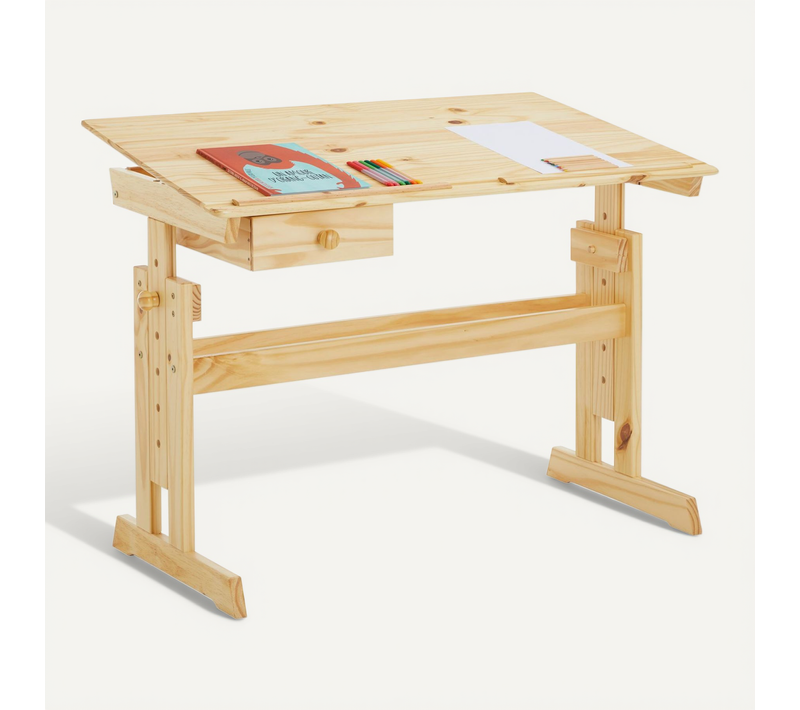 Bureau Enfant Flexi, En Pin Massif, Réglable En Hauteur Et Plateau Inclinable, Vernis Naturel