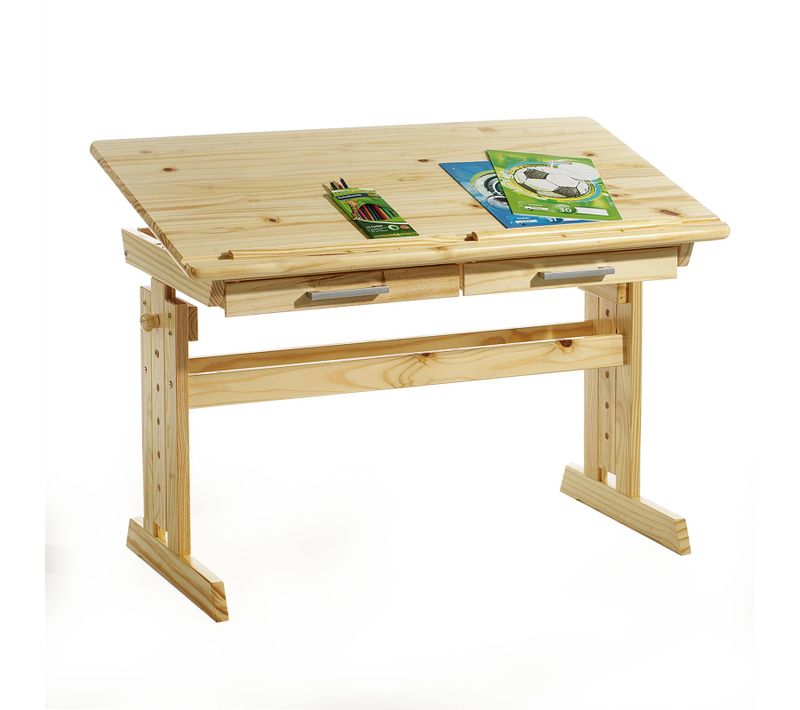 Bureau Enfant Olivia, En Pin Massif, Réglable En Hauteur Et Plateau Inclinable, Vernis Naturel