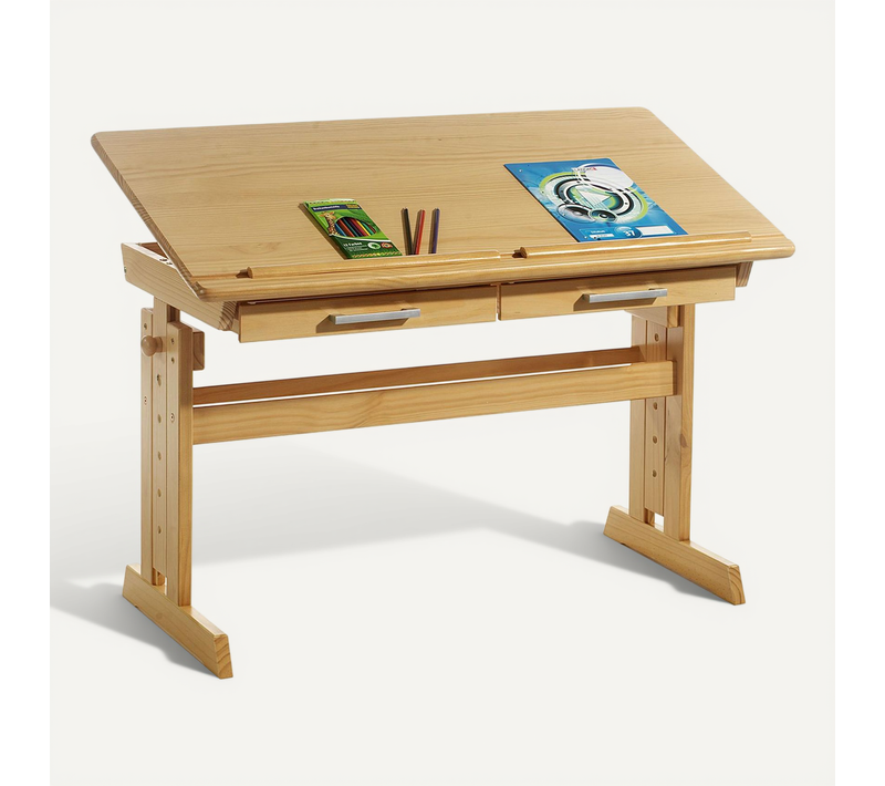 Bureau Enfant Olivia En Pin Massif Réglable En Hauteur Plateau Inclinable Couleur Hêtre