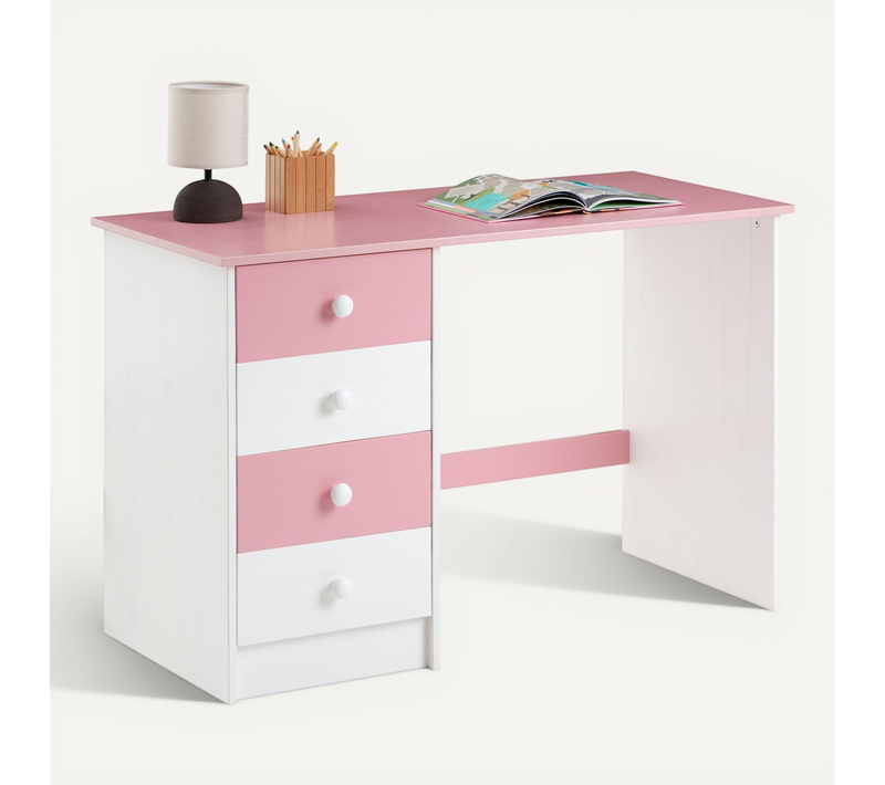 Bureau Arne Avec 4 Tiroirs, En Pin Massif Lasuré Blanc Et Rose