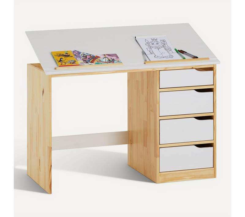 Bureau Enfant Emma, En Pin Massif, 4 Tiroirs Et Plateau Inclinable, Naturel Et Lasuré Blanc