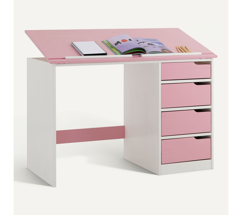Bureau Enfant Emma, En Pin Massif, 4 Tiroirs Et Plateau Inclinable, Lasuré Blanc Et Rose