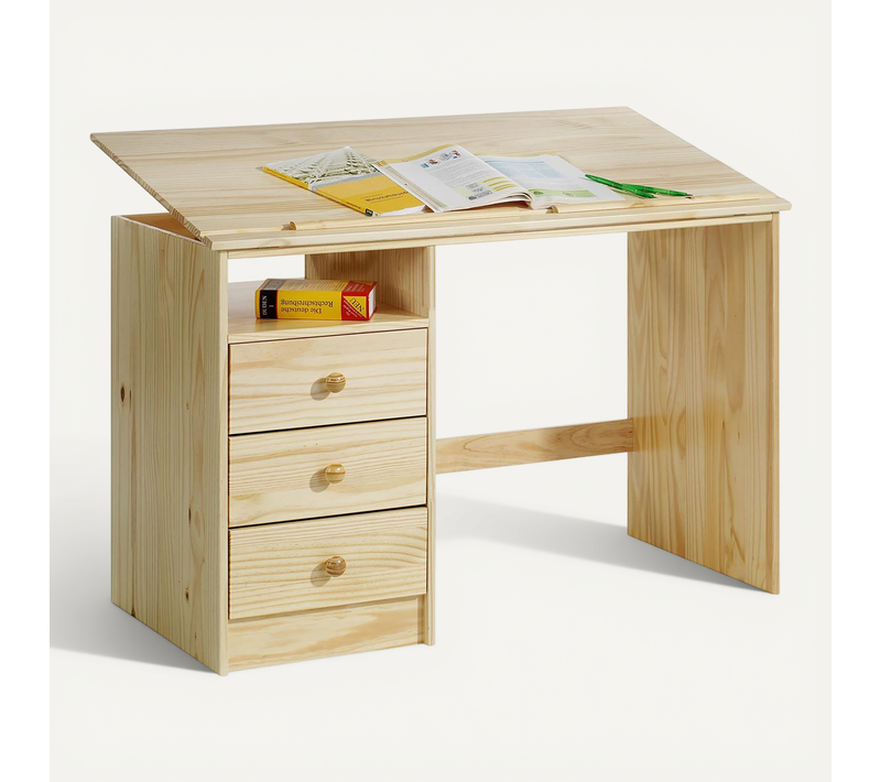 Bureau Enfant Kevin, En Pin Massif, 3 Tiroirs Et Plateau Inclinable, Vernis Naturel