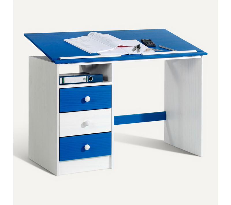 Bureau Enfant Kevin, En Pin Massif, 3 Tiroirs Et Plateau Inclinable, Lasuré Blanc Et Bleu