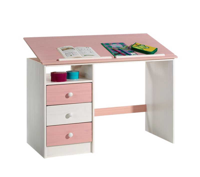 Bureau Enfant Kevin, En Pin Massif, 3 Tiroirs Et Plateau Inclinable, Lasuré Blanc Et Rose