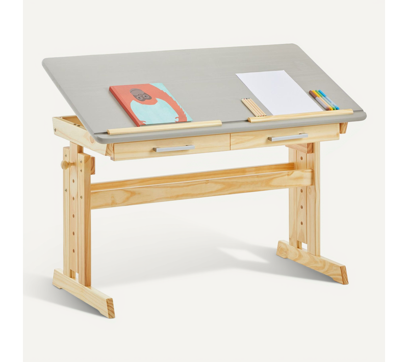 Bureau Enfant Olivia, Réglable En Hauteur Et Plateau Inclinable, Pin Massif, Naturel Et Lasuré Gris