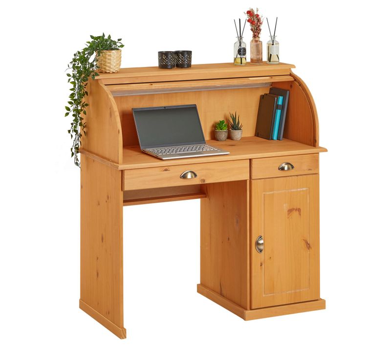 Bureau Secrétaire Tom Avec 2 Tiroirs Et 1 Porte En Pin Massif Lasuré Brun