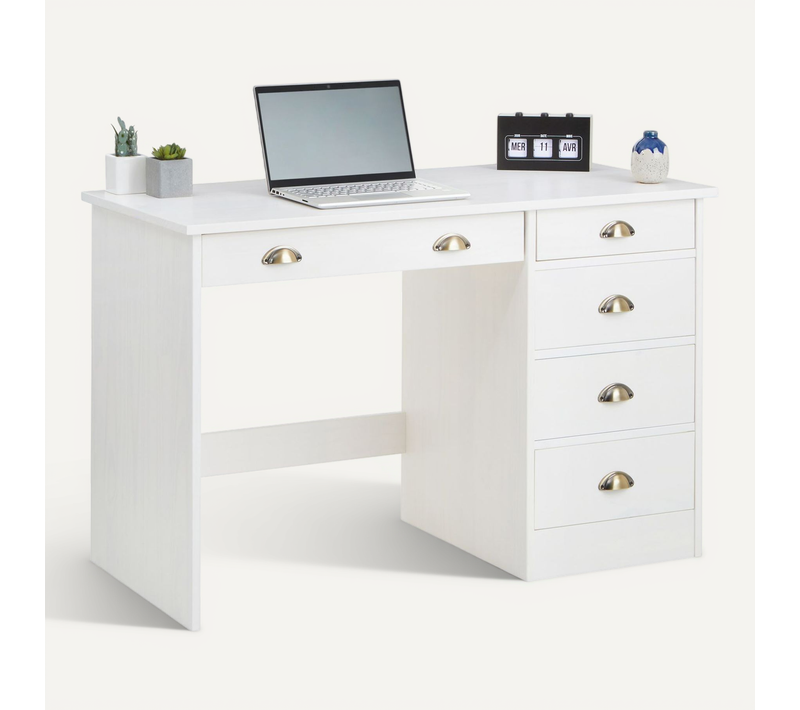 Bureau Lana Avec 5 Tiroirs En Pin Massif Lasuré Blanc