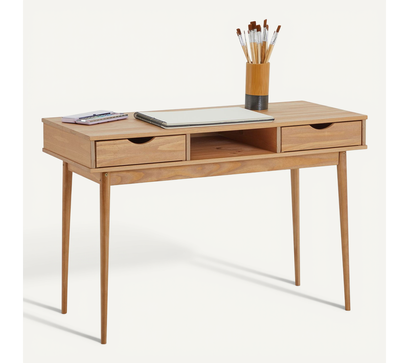 Bureau Stefano En Pin Massif Avec 2 Tiroirs Et 1 Niche Lasuré Brun