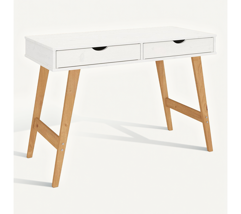 Bureau Milo En Pin Massif Lasuré Blanc Avec 2 Tiroirs