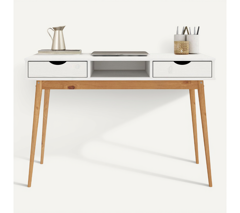 Bureau Stefano En Pin Massif Avec 2 Tiroirs Et 1 Niche Lasuré Blanc/chêne