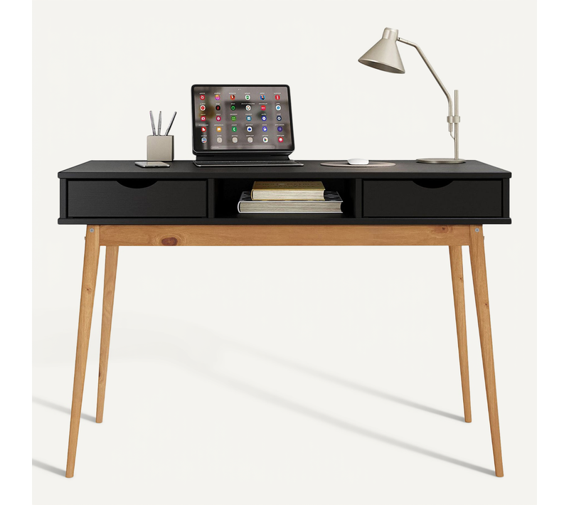 Bureau Stefano En Pin Massif Avec 2 Tiroirs Et 1 Niche - Coloris Noir Et Chêne