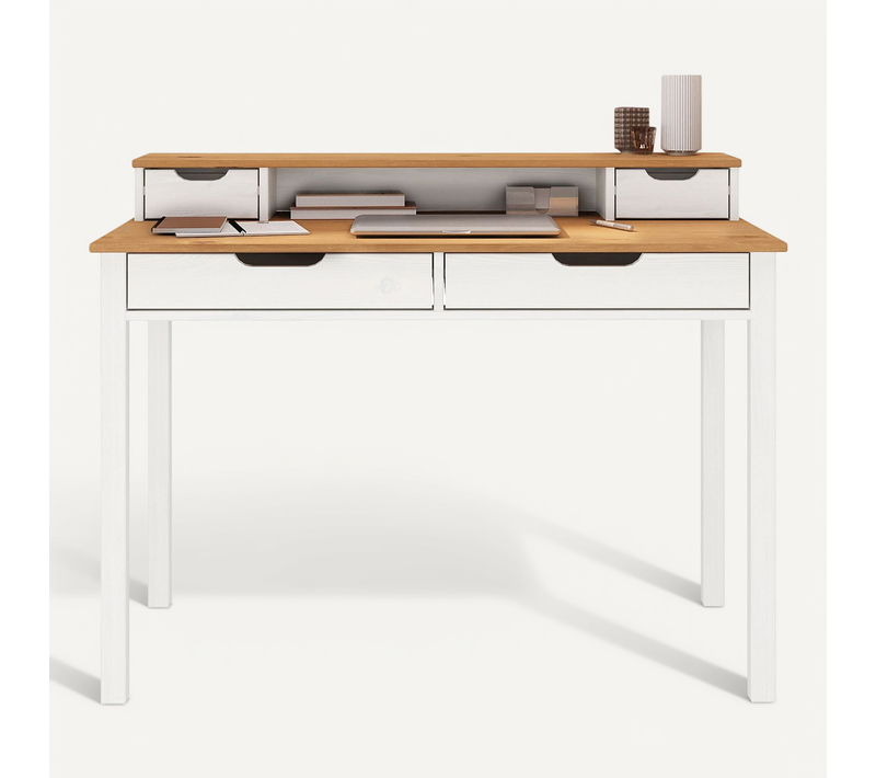 Bureau Raul L 114 Cm 4 Tiroirs En Bois Massif - Blanc Et Chêne