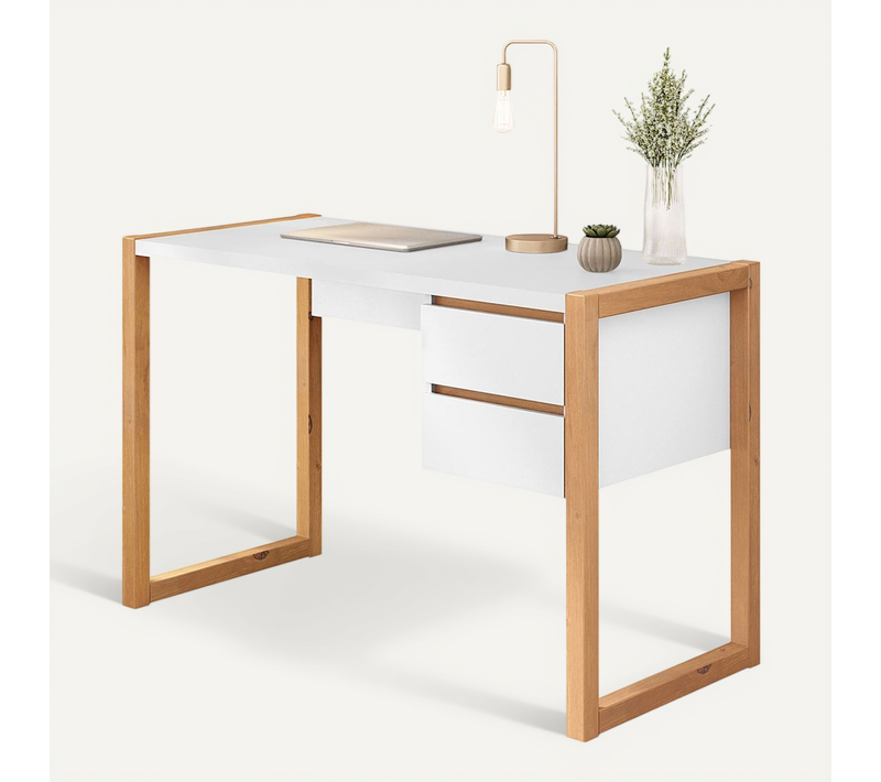 Bureau Belinda L 118 Cm 2 Tiroirs En Bois - Blanc Et Chêne