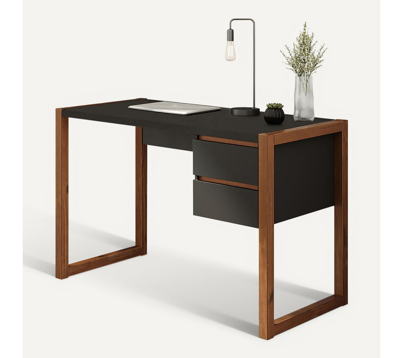 Bureau Belinda L 118 Cm 2 Tiroirs En Bois - Noir Et Châtaignier