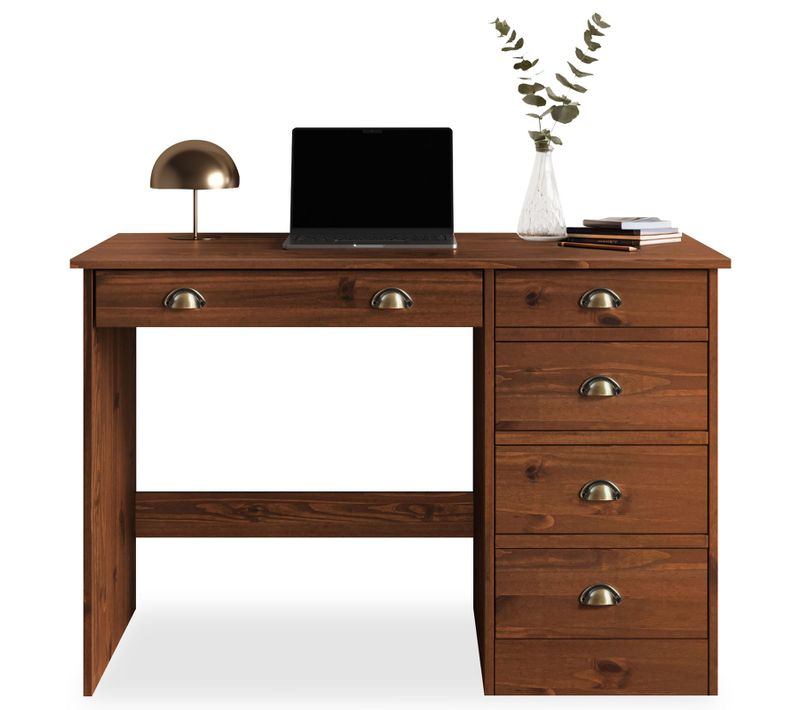 Bureau Lana Avec 5 Tiroirs En Pin Massif - Brun Foncé
