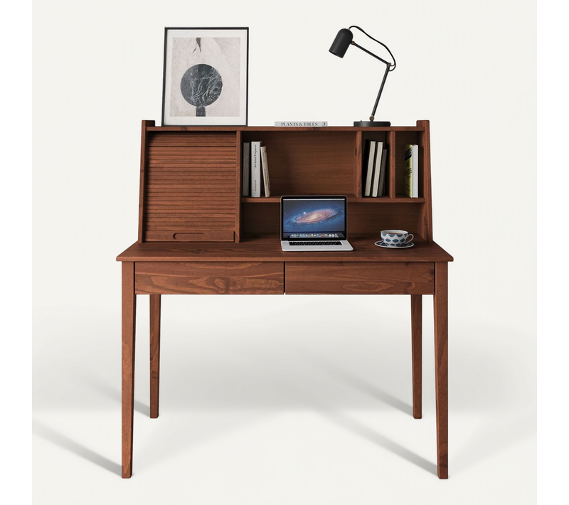 Bureau Secrétaire Alisa Avec 2 Tiroirs, En Bois Massif - Coloris Châtaignier
