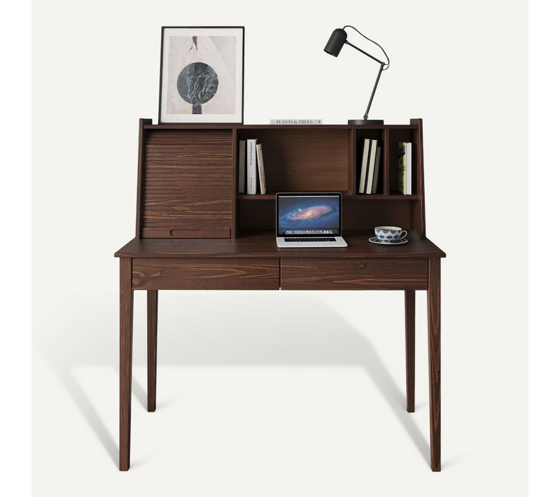 Bureau Secrétaire Alisa Avec 2 Tiroirs, En Bois Massif - Coloris Noyer