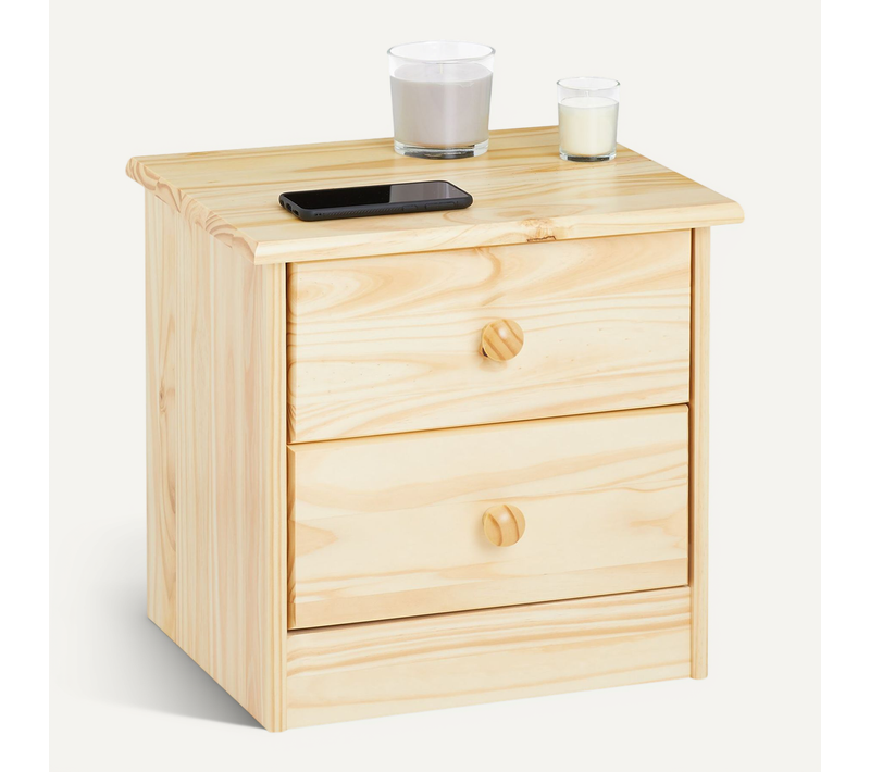 Table De Chevet En Pin Rondo 2 Tiroirs, Vernis Naturel