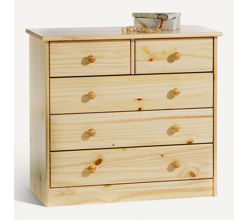 Commode En Pin Rondo, 2+3 Tiroirs, Vernis Naturel
