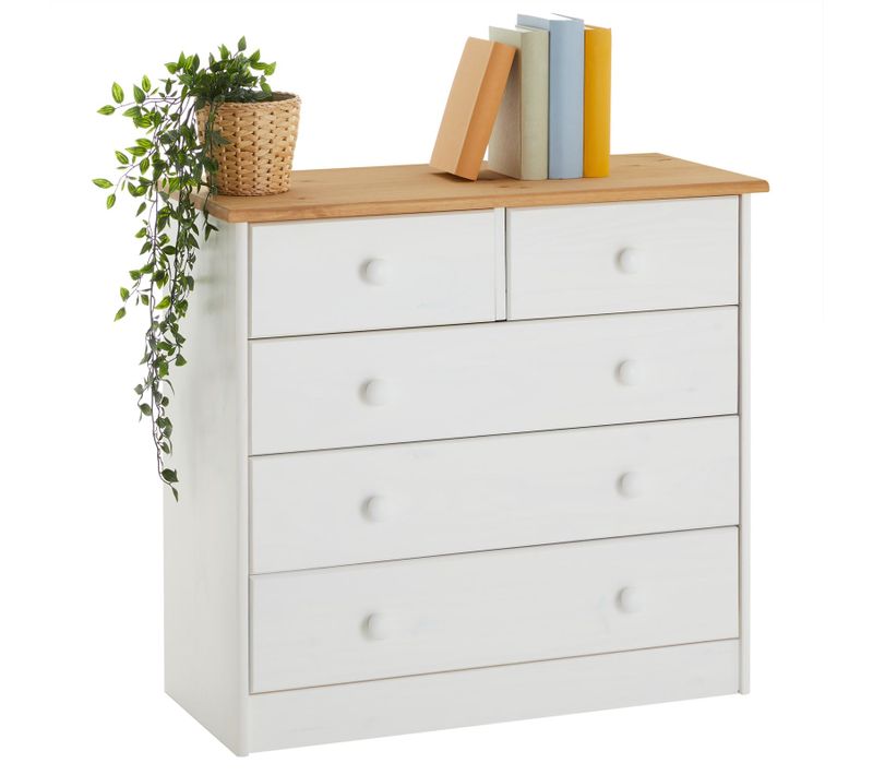 Commode En Pin Rondo, 2+3 Tiroirs, Lasuré Blanc Et Brun