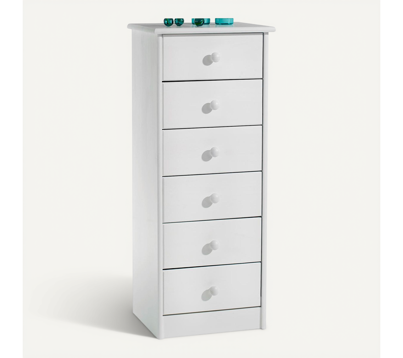 Chiffonnier En Pin Rondo, 6 Tiroirs, Lasuré Blanc