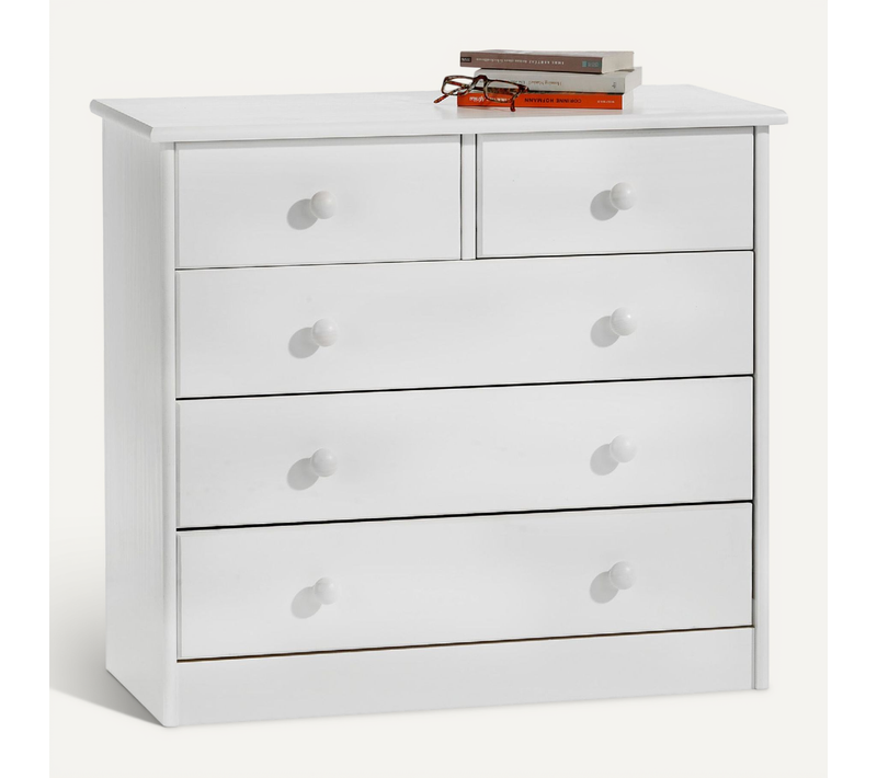 Commode En Pin Rondo, 2+3 Tiroirs, Lasuré Blanc
