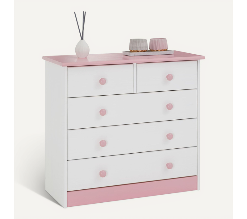 Commode En Pin Rondo, 2+3 Tiroirs, Lasuré Blanc Et Rose
