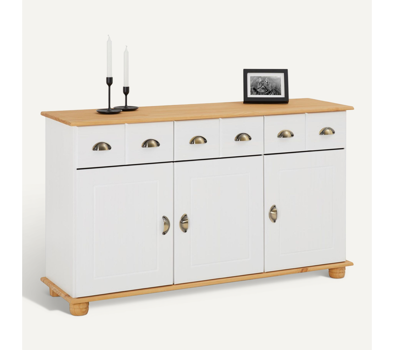 Buffet Colmar En Pin Massif, 3 Tiroirs Et 3 Portes, Lasuré Blanc Et Brun
