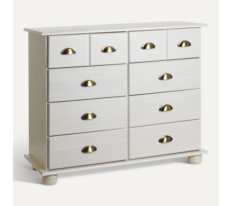 Commode Apothicaire Colmar En Pin Massif, 8 Tiroirs, Lasuré Blanc