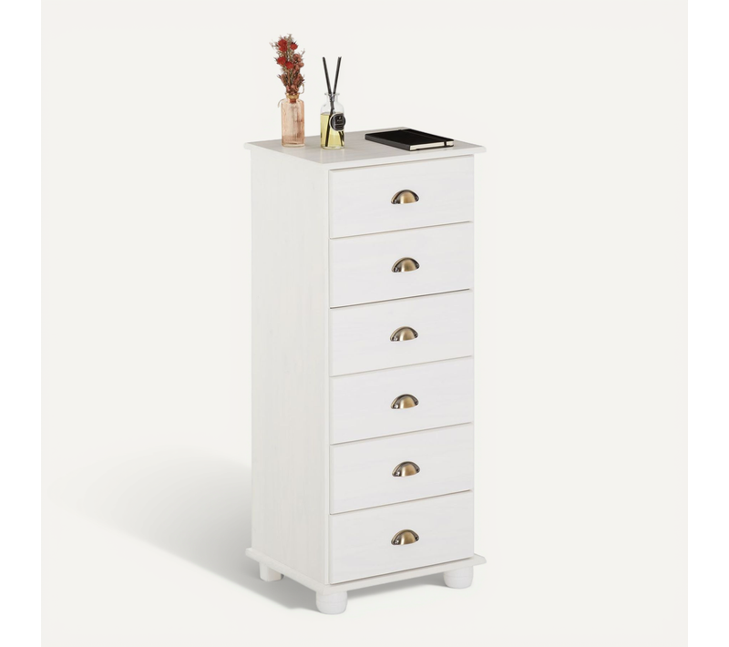 Chiffonnier Colmar En Pin Massif Lasuré Blanc, Avec 6 Tiroirs