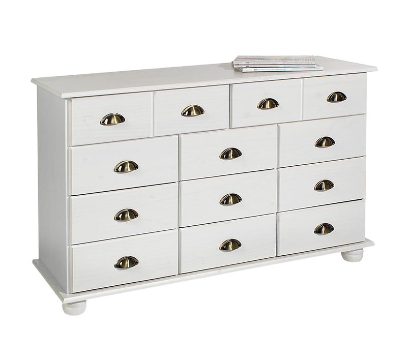 Commode Apothicaire Colmar En Pin Massif, 11 Tiroirs, Lasuré Blanc