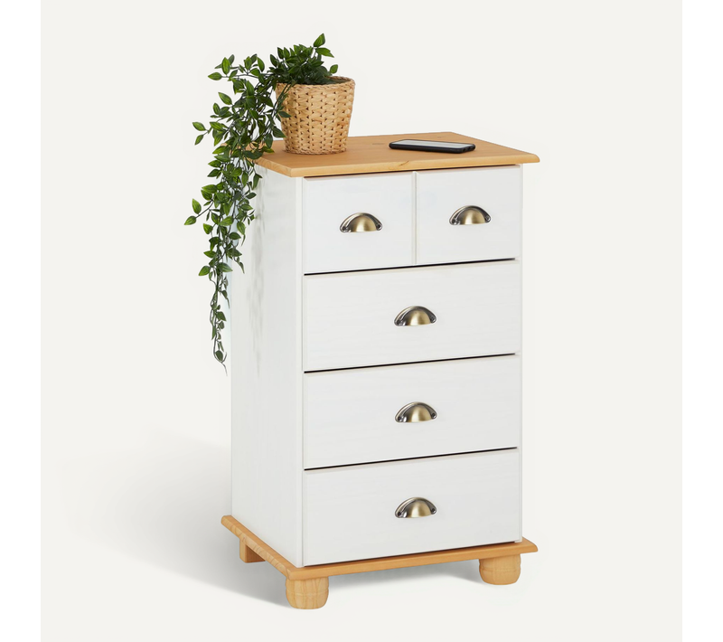 Commode Apothicaire Colmar En Pin Massif, 4 Tiroirs, Lasuré Blanc Et Brun