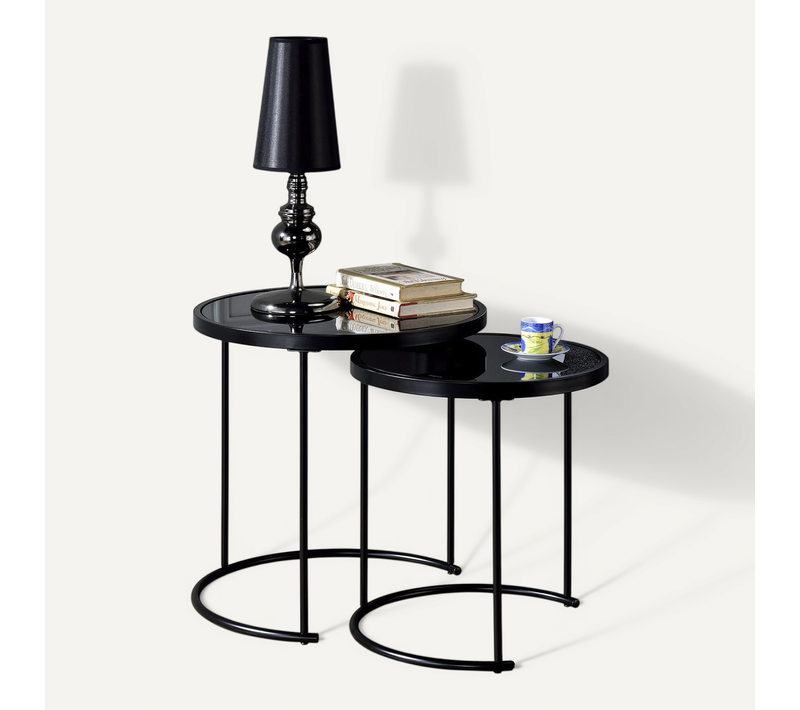Lot De 2 Tables D'appoint Gigognes Leyre, Plateau Rond En Verre Noir Et Cadre En Métal Noir