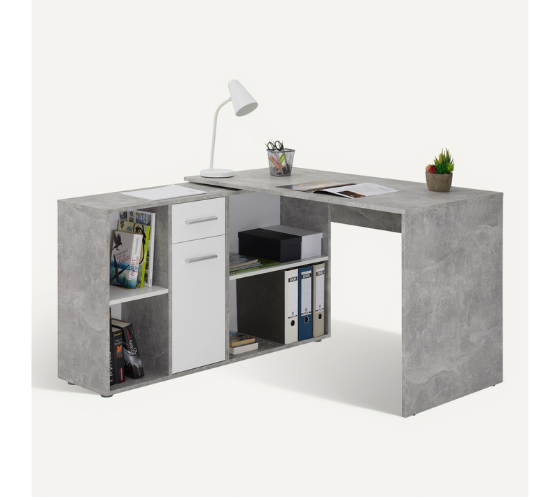 Bureau D'angle Carmen Avec Meuble De Rangement, Décor Béton Et Blanc Mat
