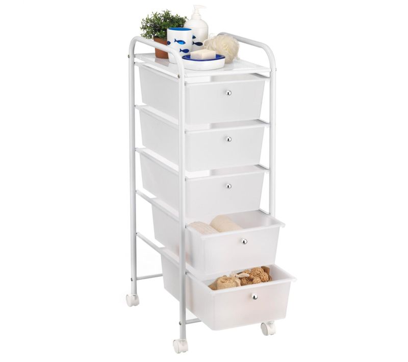 Caisson Sur Roulettes Gina, En Métal Laqué Blanc Avec 5 Tiroirs En Plastique Blanc