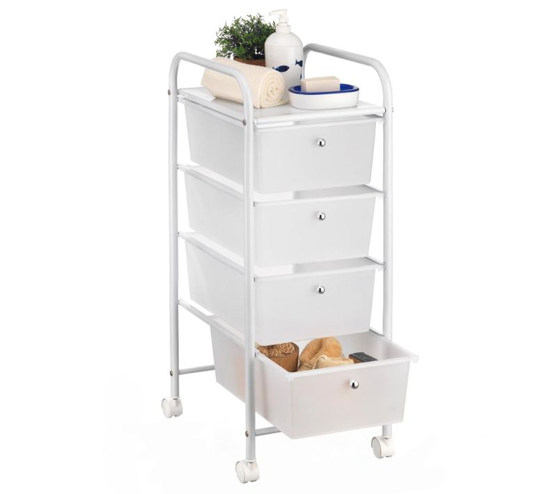 Caisson Sur Roulettes Gina, En Métal Laqué Blanc Avec 4 Tiroirs En Plastique Blanc