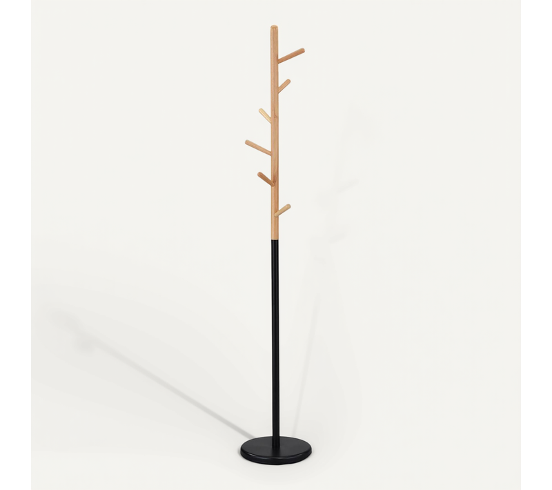 Porte-manteaux Enrico Forme D'arbre Avec 6 Crochets En Métal Laqué Noir Et Bois